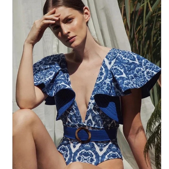 Dolce & Gabanna Inspired Blue & White Ruffle Belted Swimsuit - Picture 3 of 7